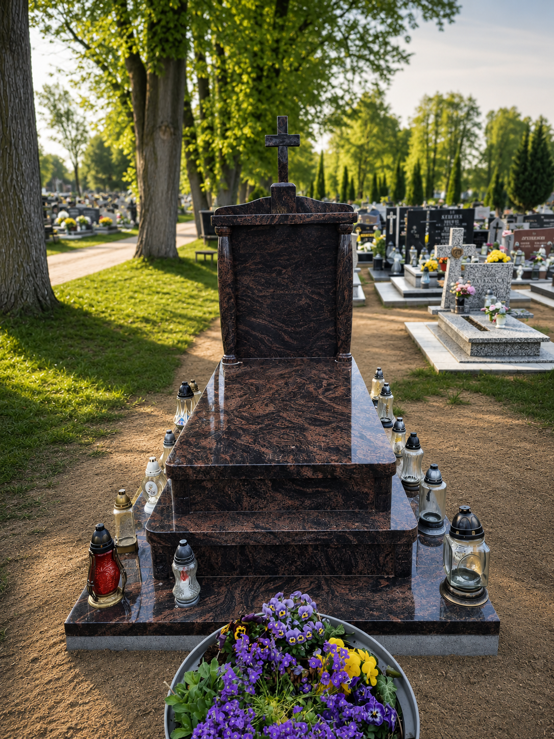 Pomnik nagrobny z brązowo-szarego granitu z krzyżem, honorowego obywatela Sianowa, na cmentarzu wśród drzew